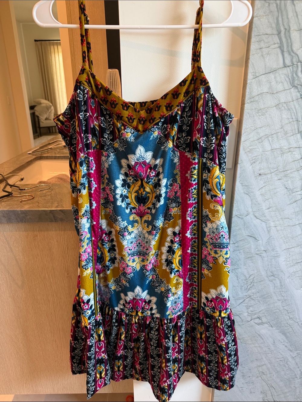 Anthropologie Mustard Blue Pink Patterned Slip Dress